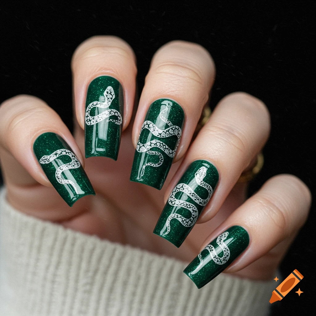 Close-up of a hand with dark green gel nails featuring white snake designs.
