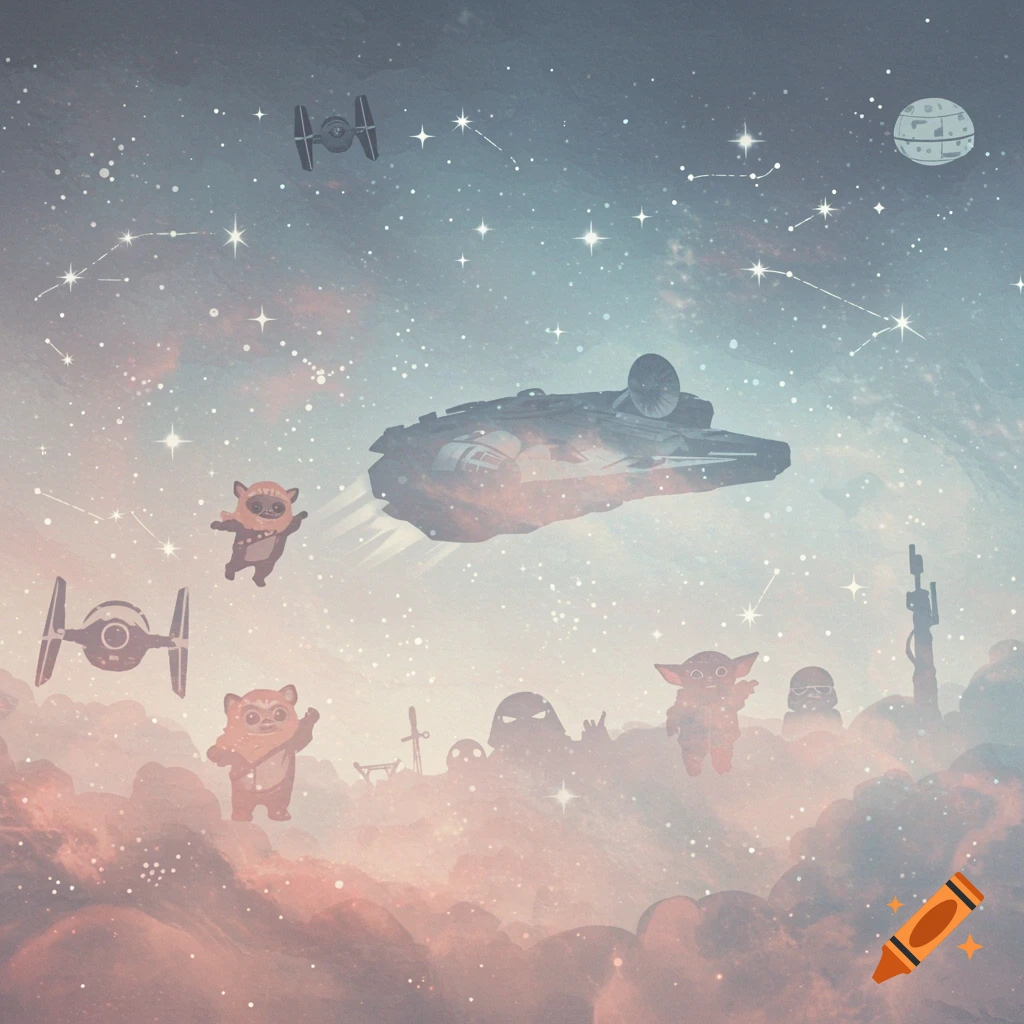 Cute, stylized Star Wars scene with the Millennium Falcon, TIE Fighters, Ewoks, and a Yoda-like creature in a starry sky.