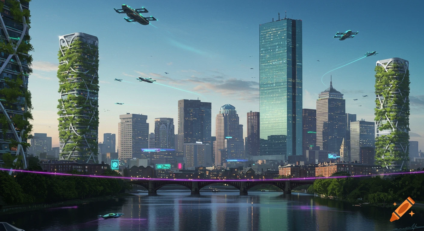 A futuristic Boston skyline with green, plant-covered buildings, flying vehicles, and a river at sunset.