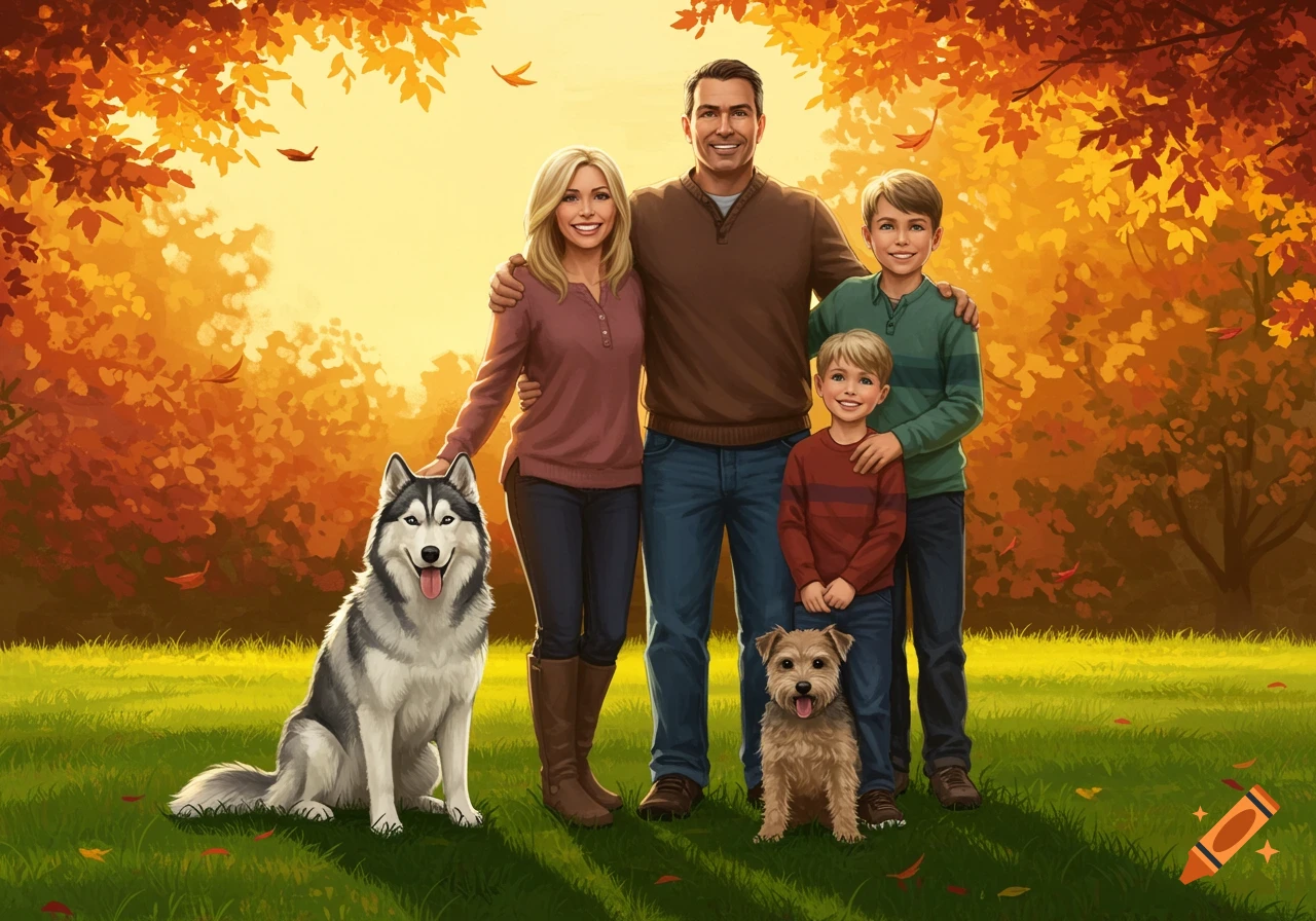 A smiling family of four with a husky and a small terrier-like dog standing in a field with autumn leaves.