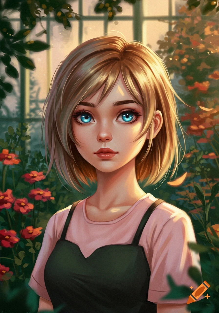 Anime style portrait of a girl with bright blue eyes and short light brown hair, wearing a pink shirt and dark overalls, in a sunlit garden.