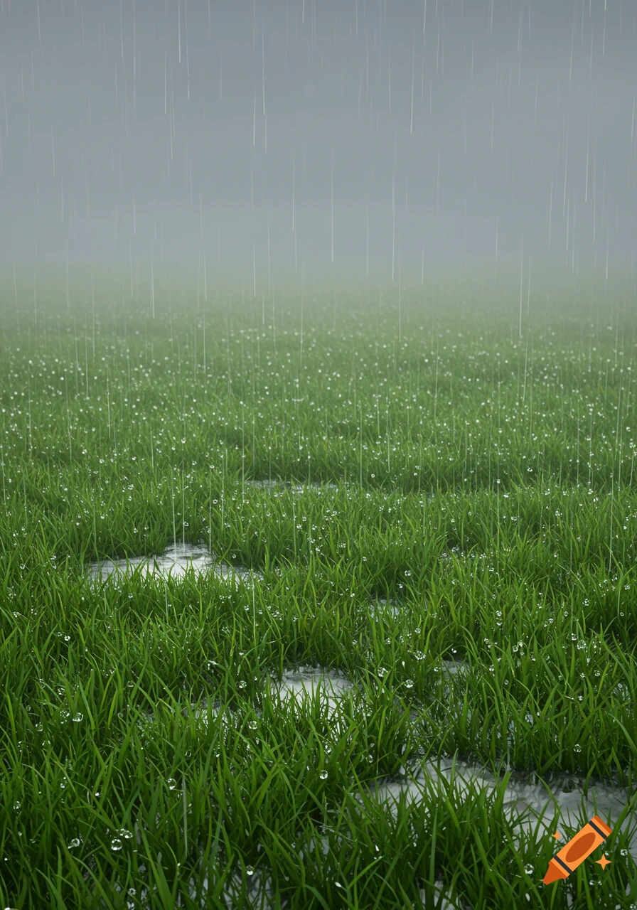 A vibrant green grass field with visible raindrops falling and puddles forming under a grey sky.