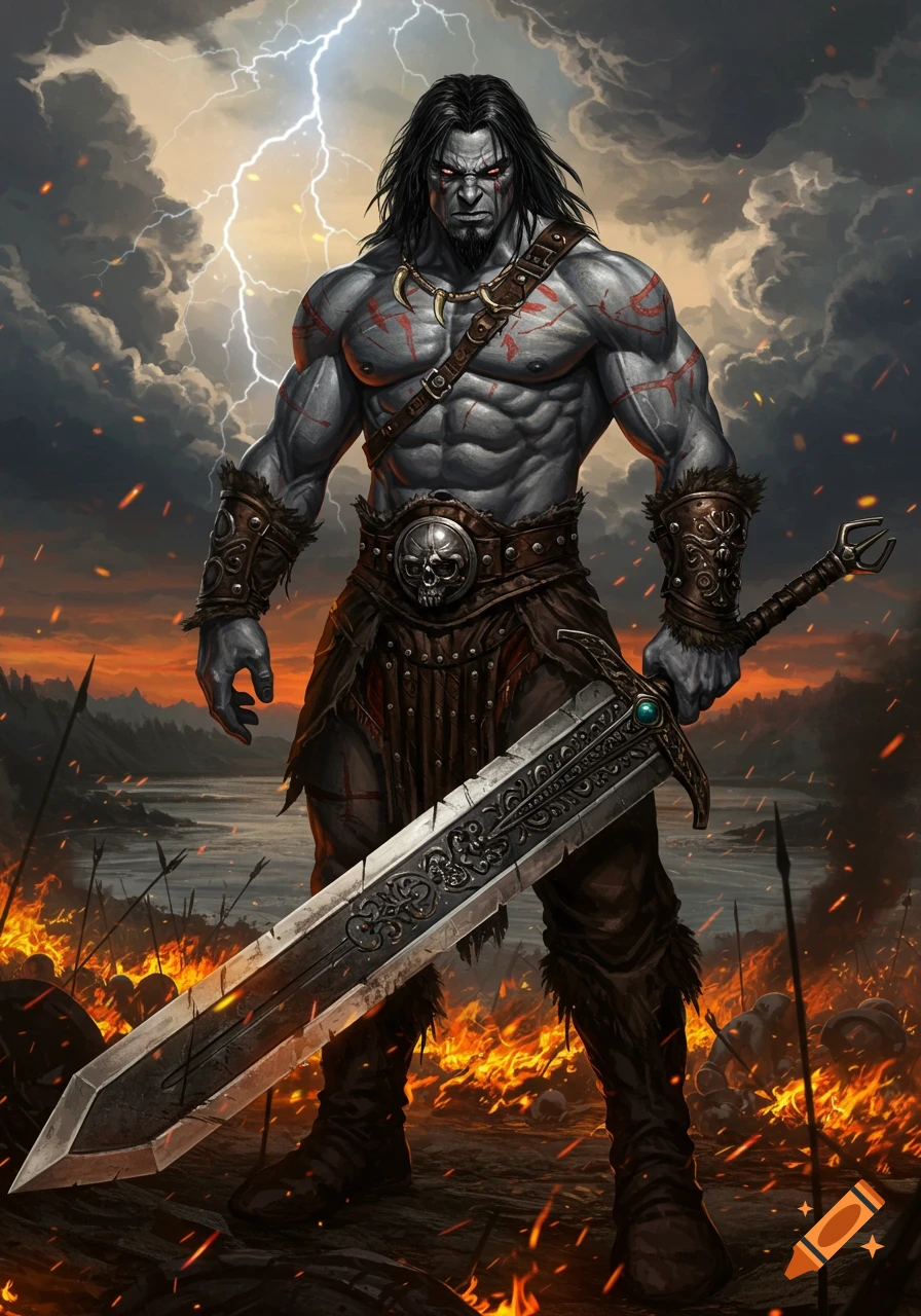 A muscular barbarian with grey skin and red eyes stands on a fiery battlefield holding a massive sword under a lightning storm.