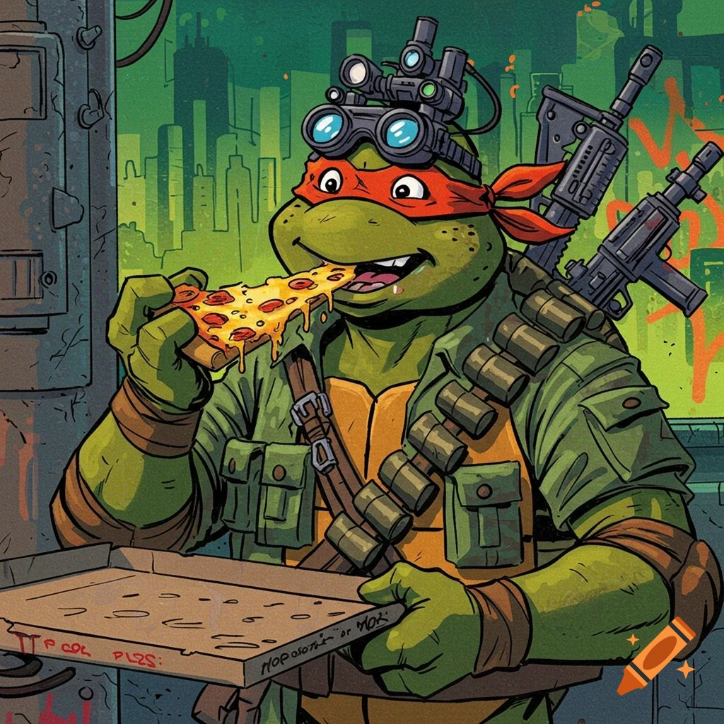 A comic-style ninja turtle, similar to Michelangelo, wearing tactical gear and night vision goggles, happily eating a slice of pizza from a box in an urban setting.