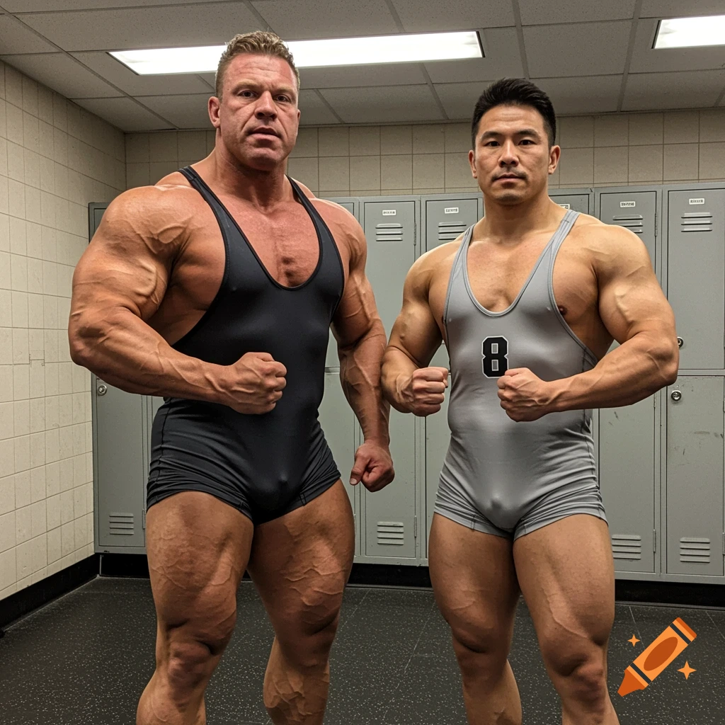 Two muscular bodybuilders in singlets posing in a locker room with lockers behind them.