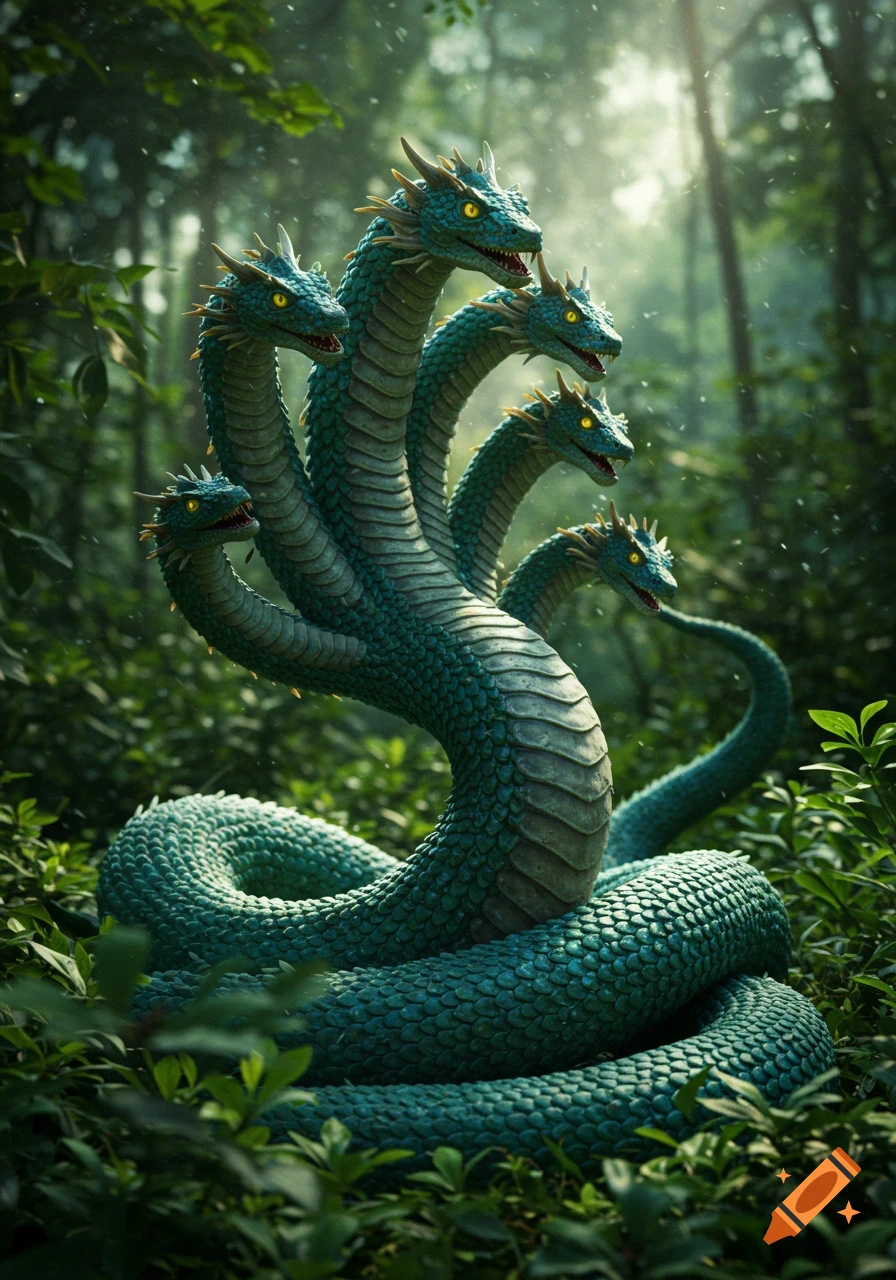 A majestic multi-headed green serpent, possibly a Naga or Hydra, coils in a lush, sun-dappled jungle.