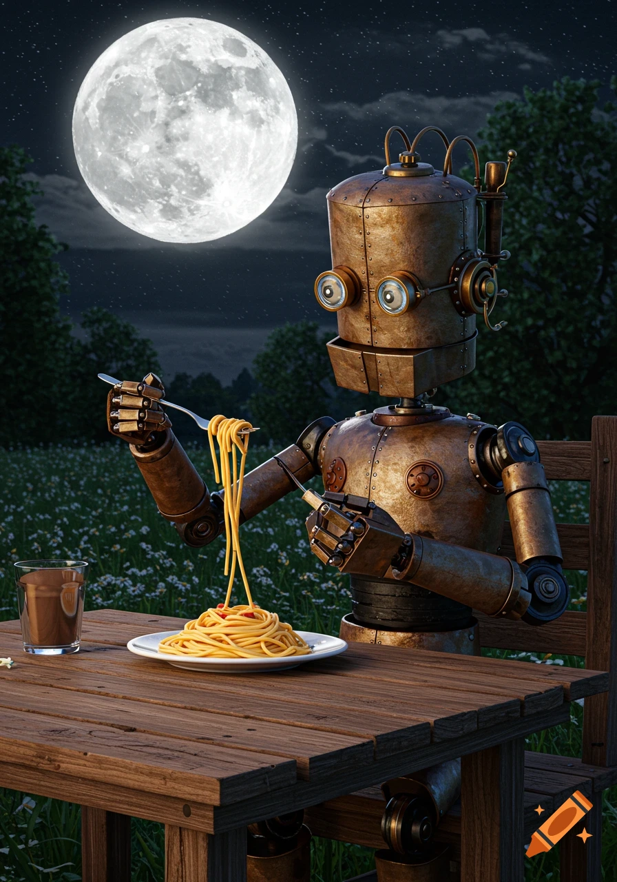A steampunk-style robot sits at a wooden table in a field at night, eating spaghetti under a large full moon.