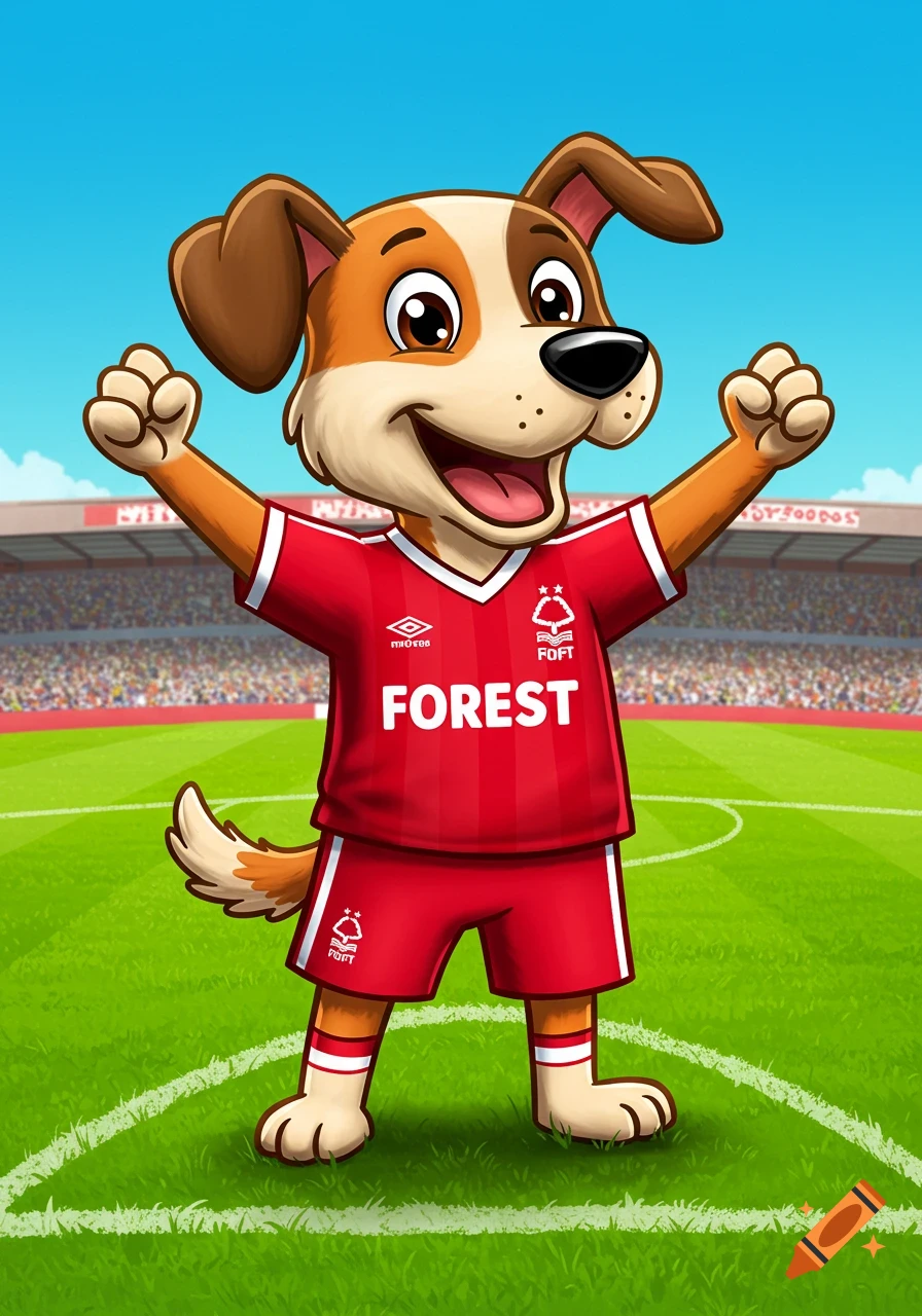 A cartoon dog wearing a red Nottingham Forest football kit stands on a green football field with a stadium in the background.