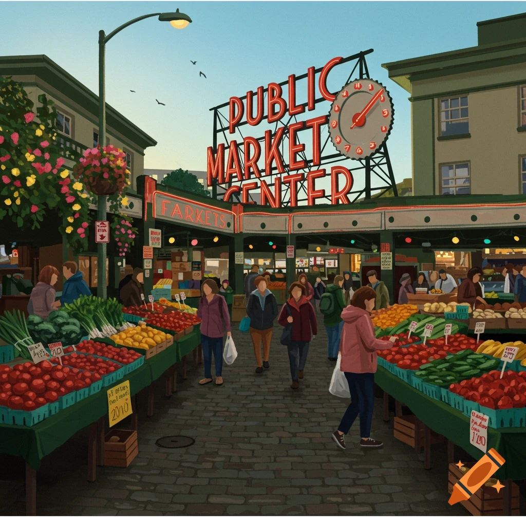 An illustrative image of a bustling outdoor market with people browsing stalls filled with fresh produce, under a large sign reading "PUBLIC MARKET CENTER."