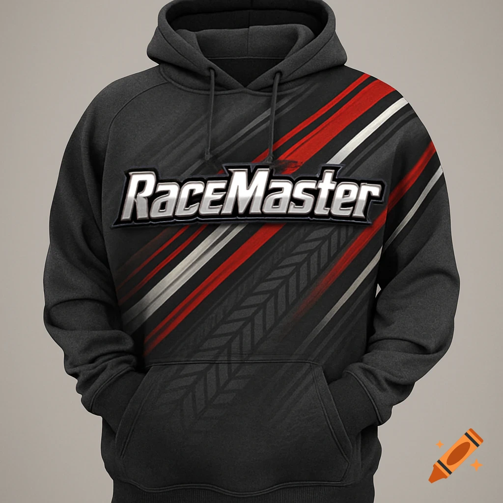 A dark grey hoodie with a racing design featuring red and white diagonal stripes and the text 'RaceMaster' in metallic lettering.