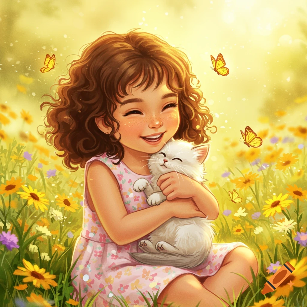 A whimsical illustration of a smiling young girl with curly brown hair hugging a white kitten in a sunny field of yellow and purple flowers with butterflies.