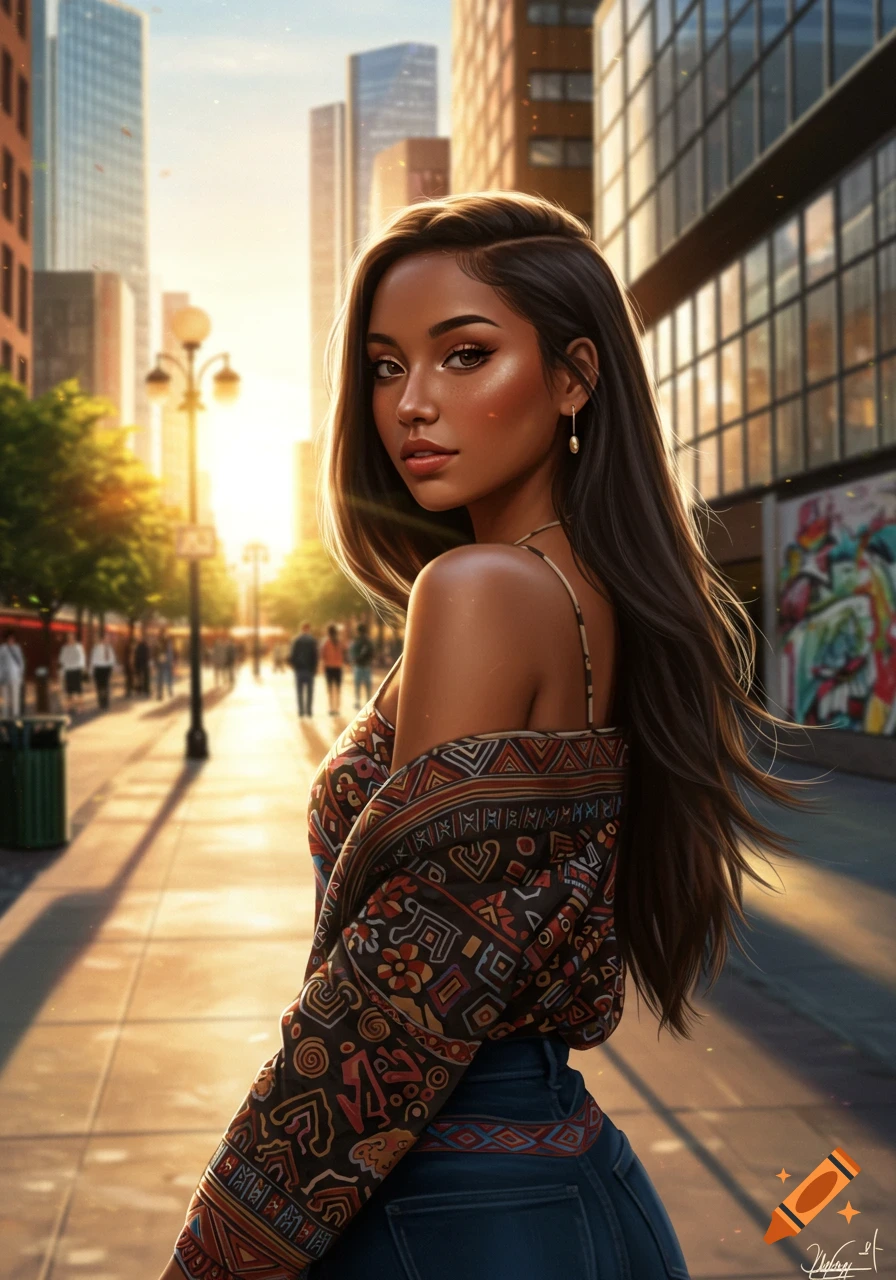 A young woman with dark hair and light tan skin, wearing a patterned jacket, looks over her shoulder on a sunny city street.