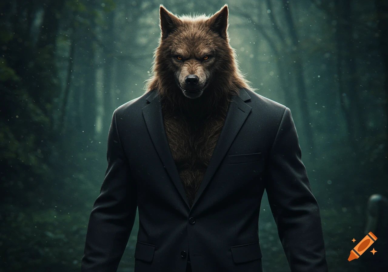 A realistic, fierce brown werewolf in a black suit with glowing orange eyes stands in a dark, misty forest.