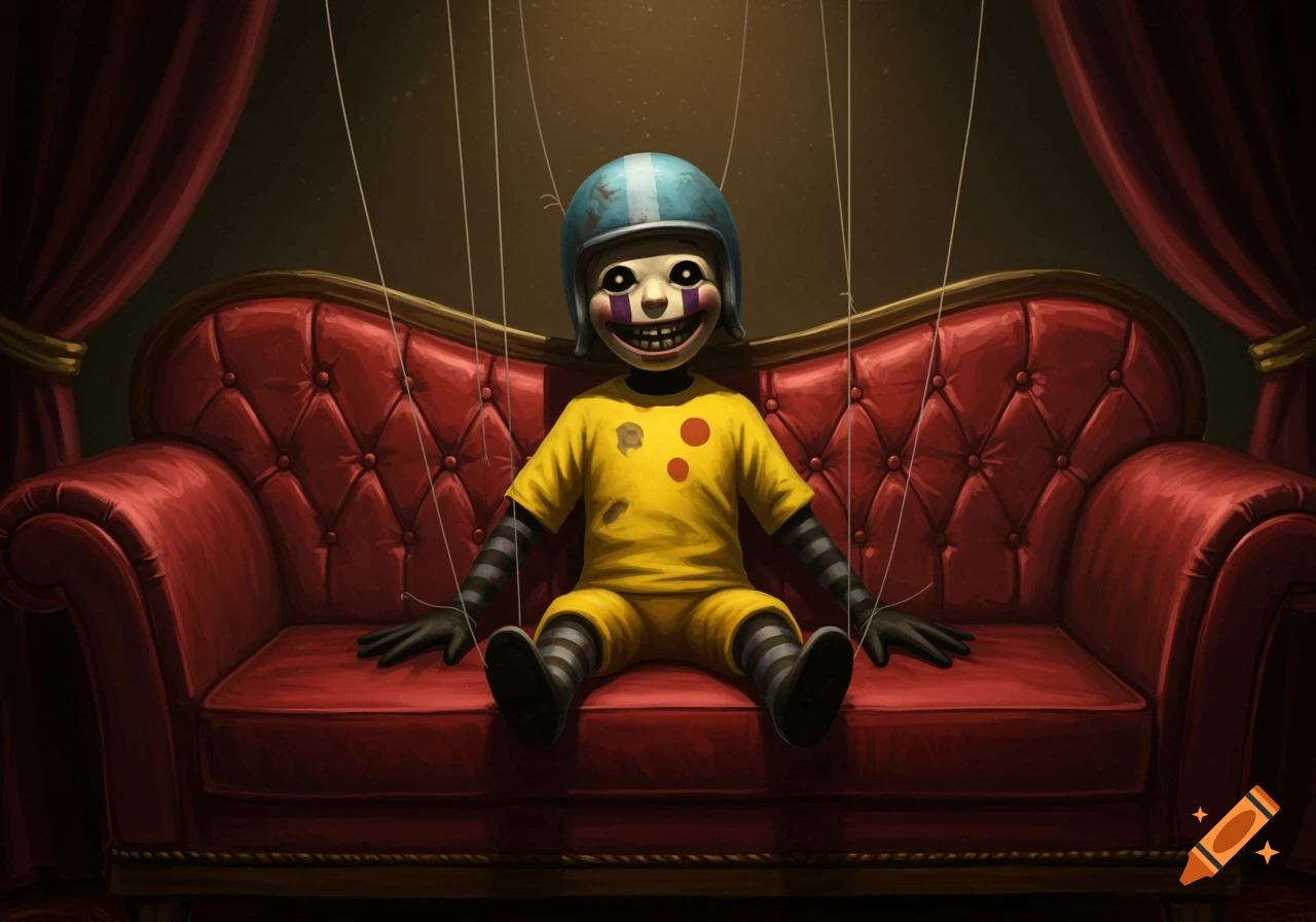 A creepy puppet in a yellow shirt and blue helmet sits on a red couch, suspended by strings, in a dark room.