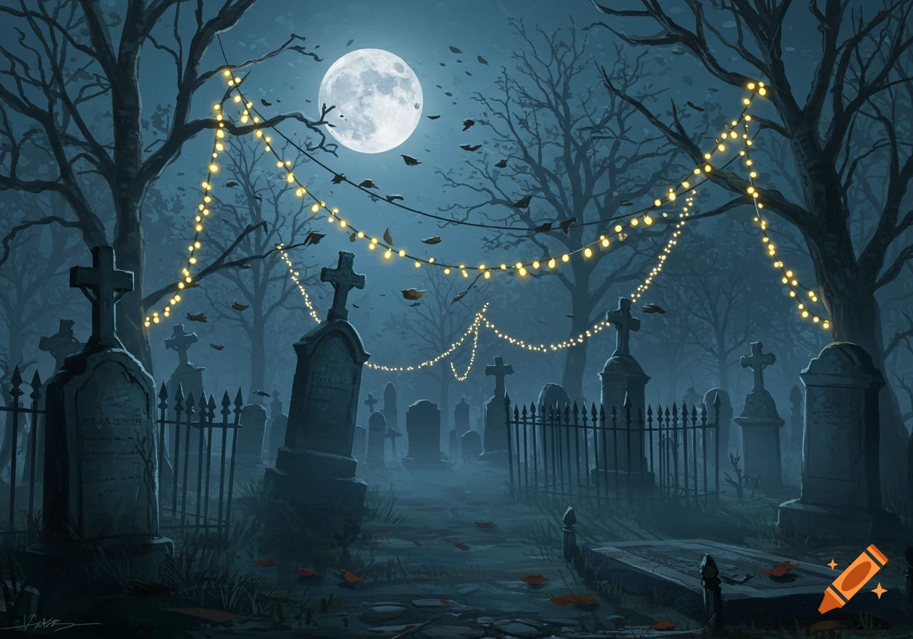 A spooky nighttime cemetery scene with a full moon, bare trees, and glowing fairy lights. Gravestones and a misty path are in the foreground.