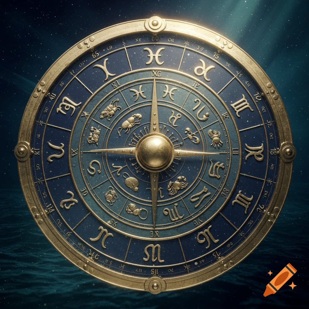 A detailed golden and blue zodiac wheel, resembling an antique astrolabe, with intricate symbols and numerical markings against a dark, starry, water-like background.