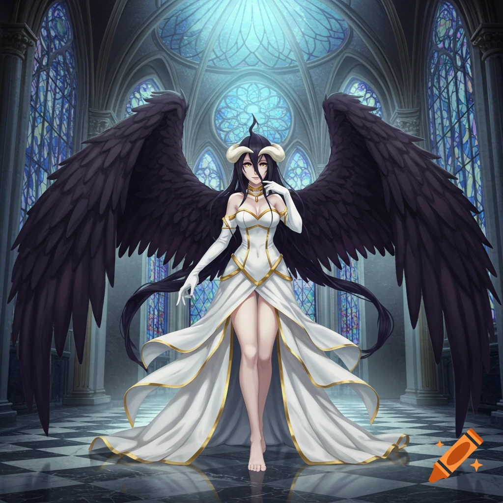 Anime character Albedo with black wings and horns in a white and gold dress standing in a gothic hall with stained glass windows.