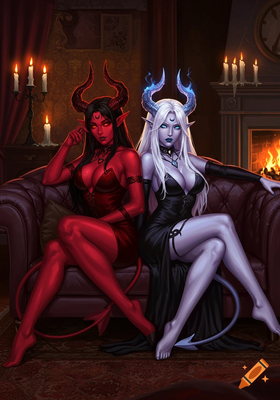 Two red and white-skinned demon women with horns and tails sit on a couch in a dimly lit room, in a semi-realistic anime style.