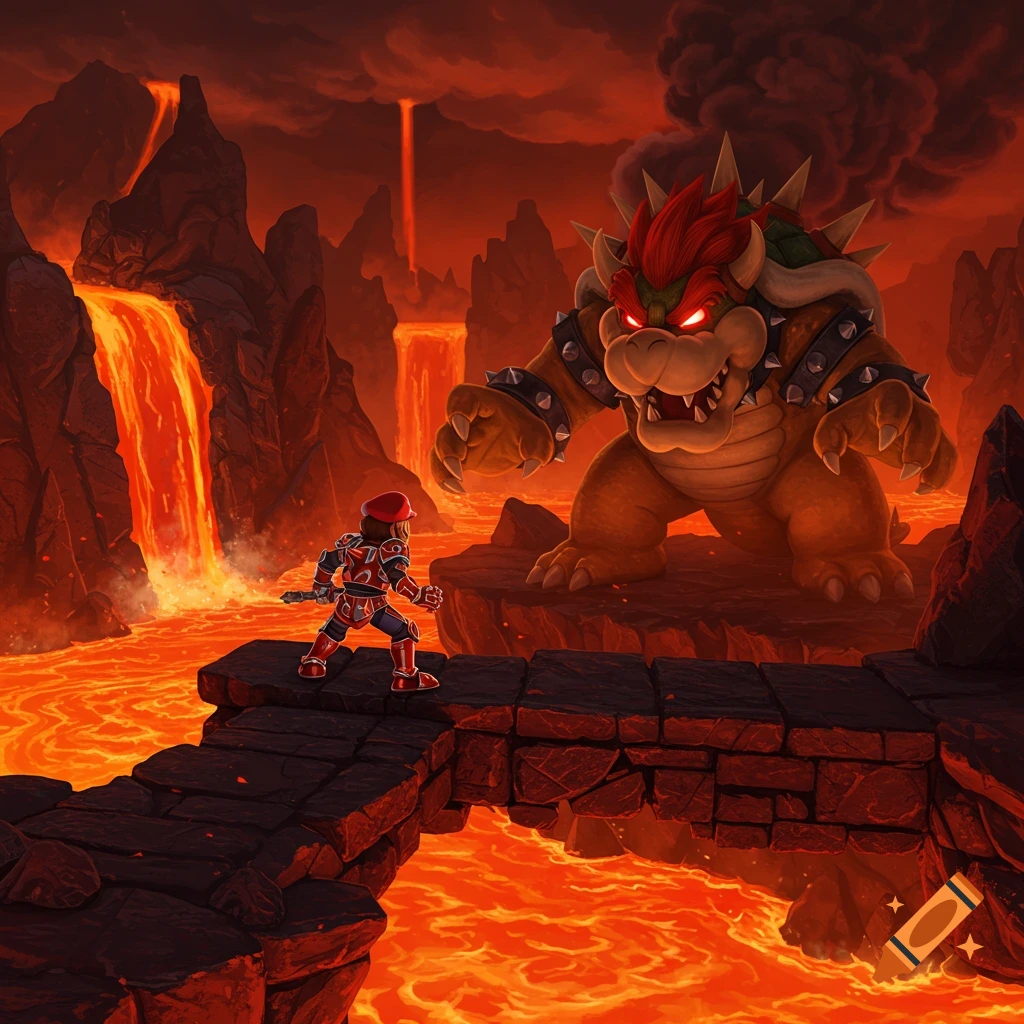 An armored figure resembling Mario faces a large Bowser-like monster on a stone bridge over lava in a volcanic landscape.