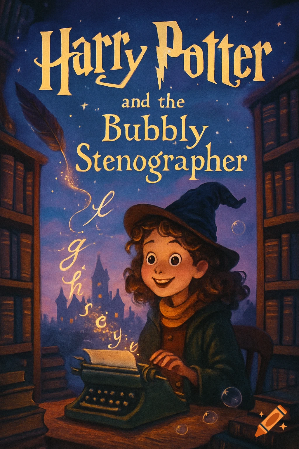 Illustrated book cover titled 'Harry Potter and the Bubbly Stenographer', featuring a smiling young wizard at a typewriter with magical letters floating around.