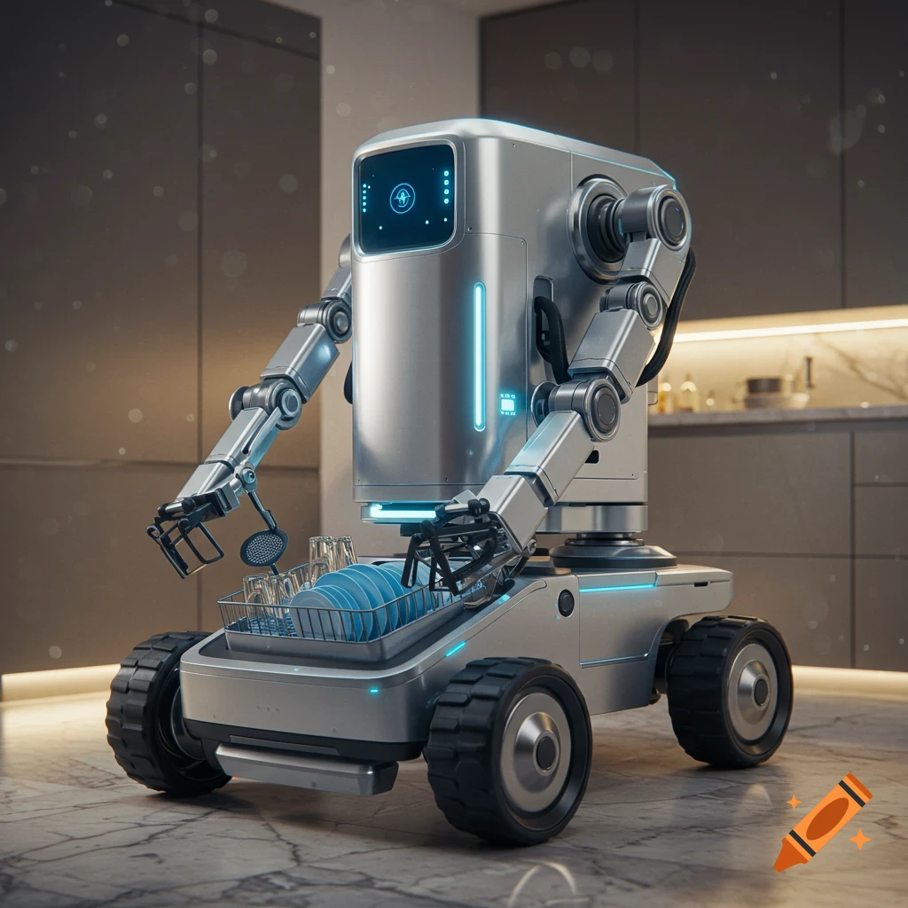 A photorealistic image of a futuristic robot with wheels and retractable arms, designed as a dishwasher, in a modern kitchen.