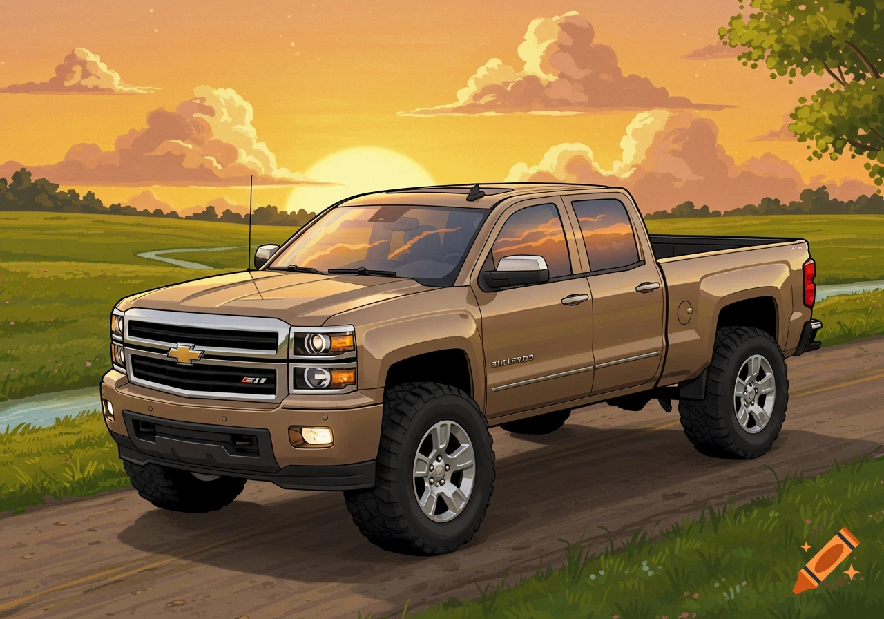 Cartoon style tan Chevrolet Silverado pickup truck on a dirt road at sunset in a field.