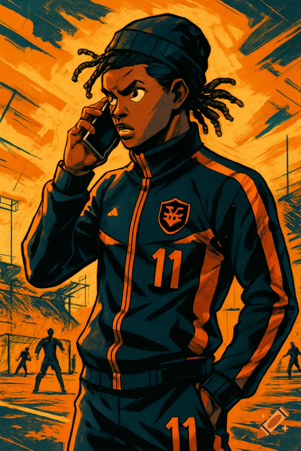 A dark-skinned soccer player with dreads, wearing a black and orange tracksuit with number 11, talks on a phone in a dynamic anime/manga art style.