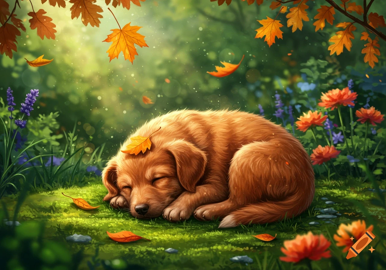 A red puppy sleeps curled up on green grass under falling autumn leaves and flowers in a vibrant, illustrative style.