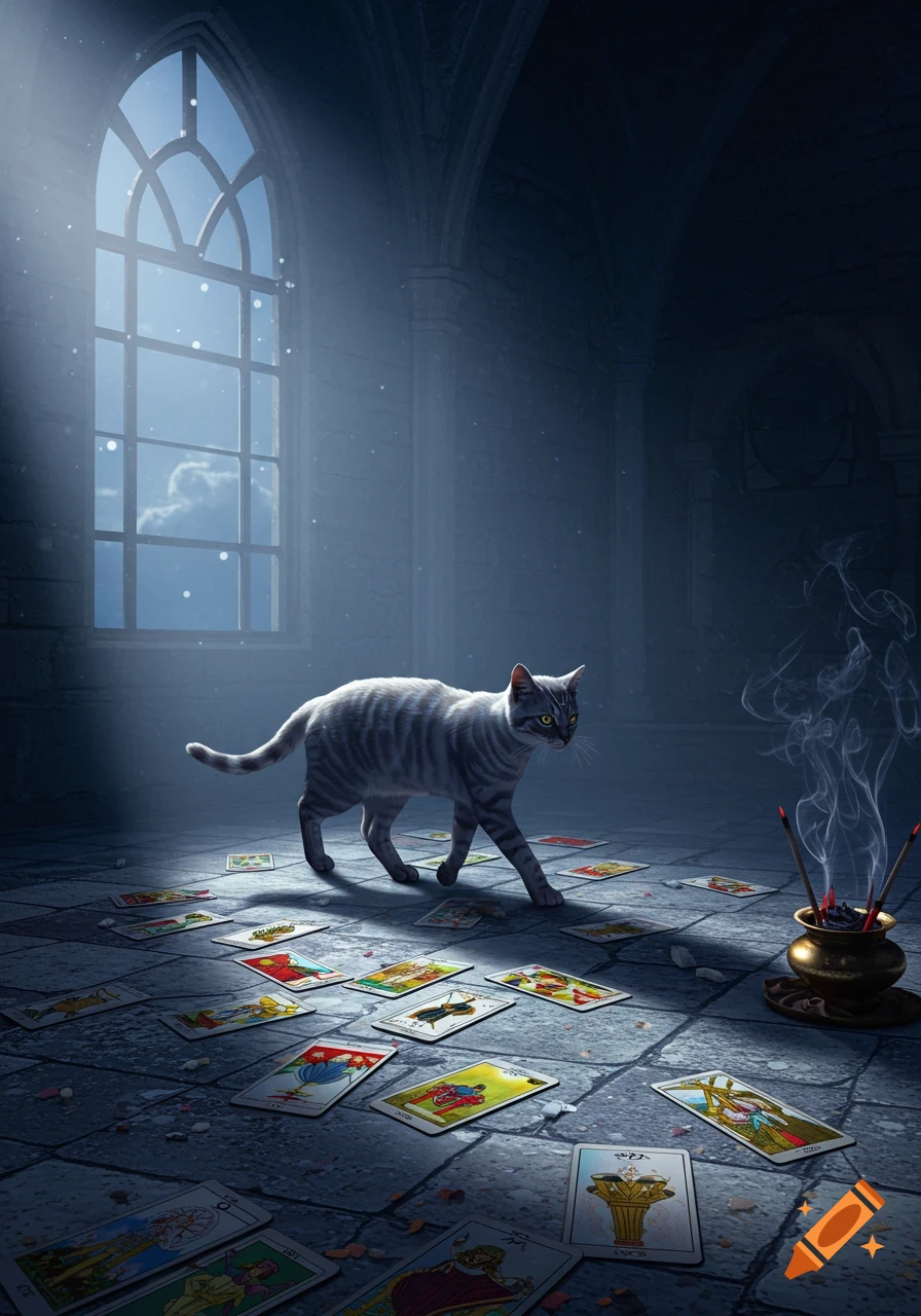 A grey tabby cat walks across a stone floor scattered with tarot cards in a dimly lit, arched room with a large window.