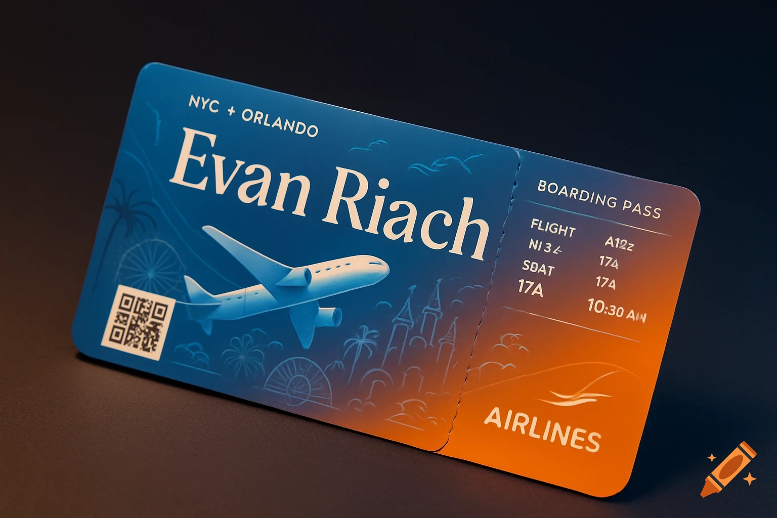A close-up view of a stylized airplane boarding pass for Evan Riach from NYC to Orlando, featuring a blend of blue and orange colors, an airplane illustration, and faint city skyline silhouettes.