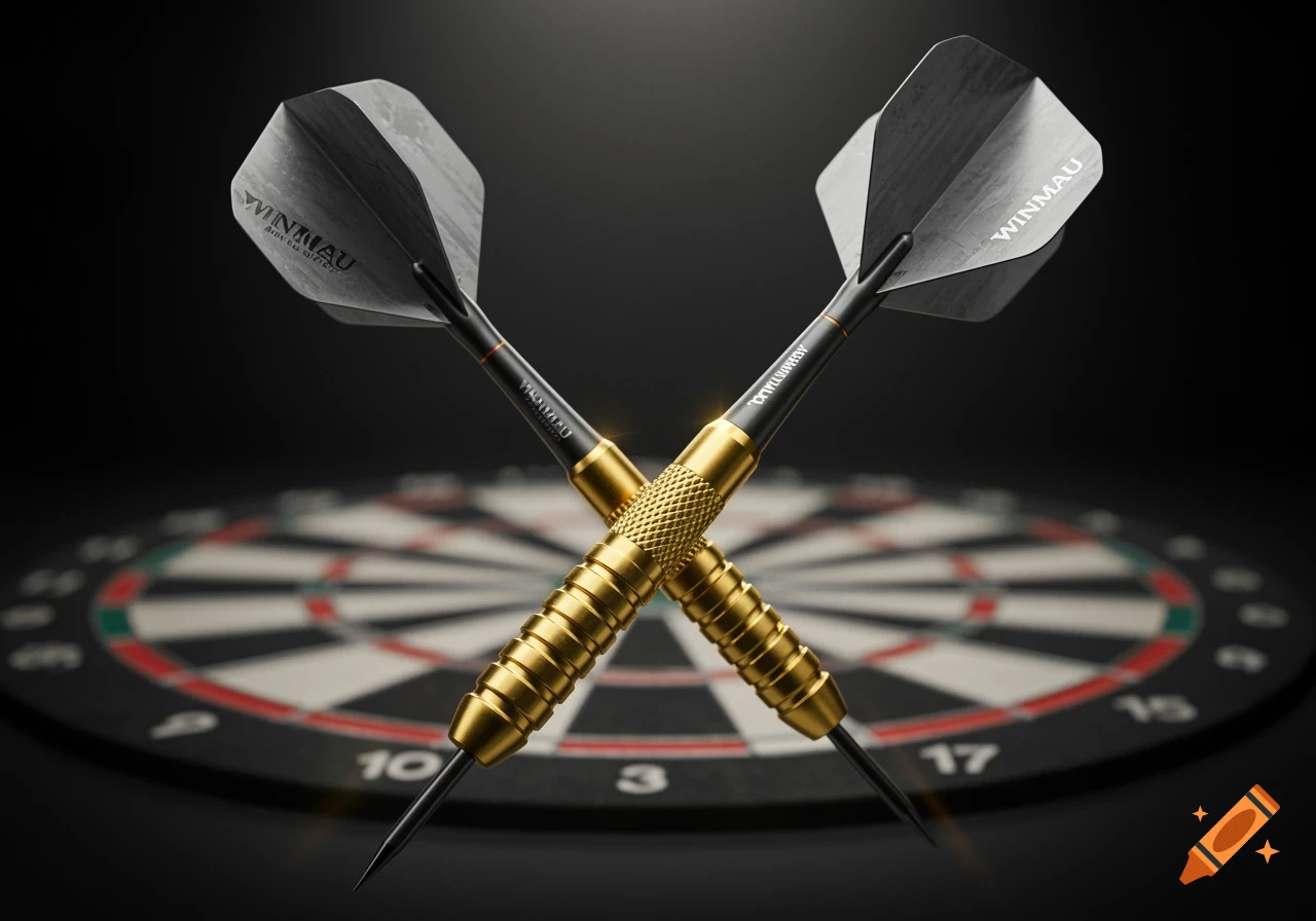 Two gold and black darts are crossed in front of a blurred dartboard, set against a dark background.