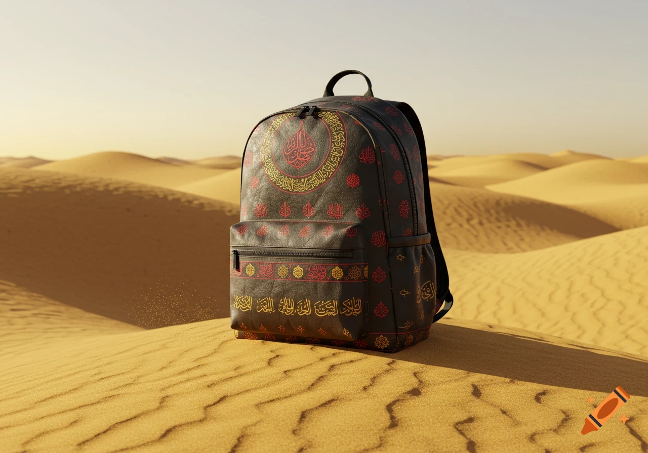 A black backpack with red and gold Arabic calligraphy patterns sits on sand dunes in a desert under a clear sky.