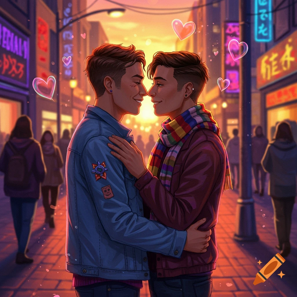 Two men embrace lovingly in a glowing, stylized city street at sunset, with hearts floating around them.