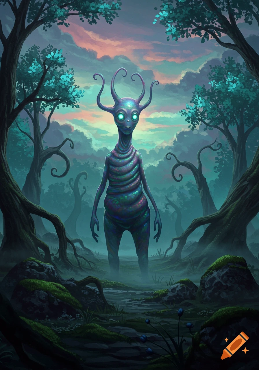 A tall, glowing-eyed alien creature stands in a mystical, bioluminescent forest at dusk.