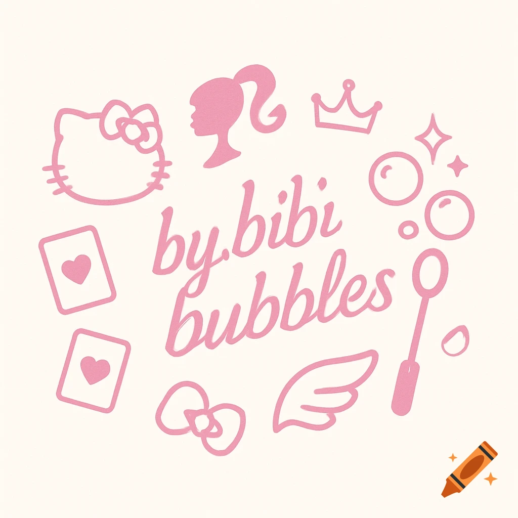 Minimalistic pink and white logo for 'by.bibi bubbles' with cute symbols like Hello Kitty head, Barbie silhouette, crown, and hearts.