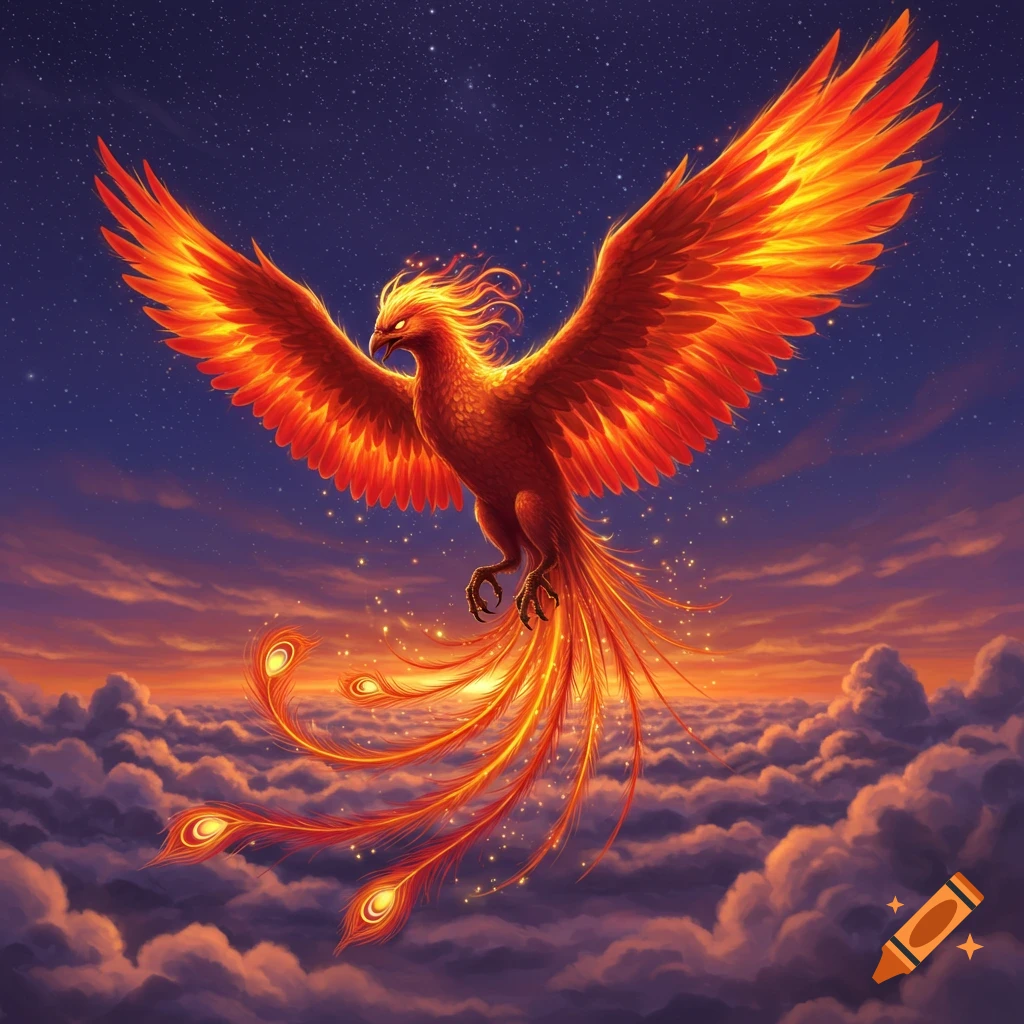 A vibrant fiery phoenix with spread wings flies above clouds under a starry night sky.