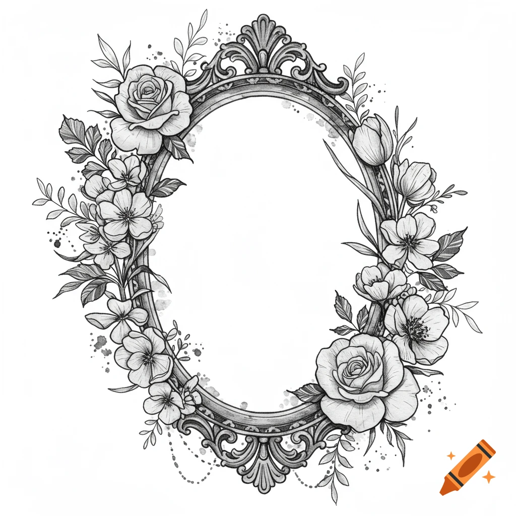 An ornate oval frame surrounded by gothic floral designs in a black and white tattoo style.
