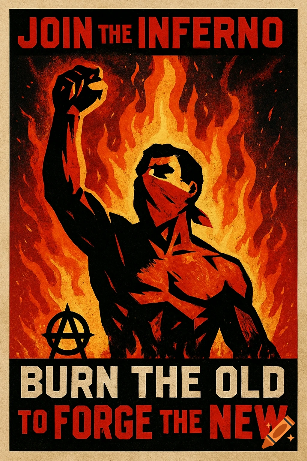 A stylized propaganda poster with a person raising a fist amidst flames and an anarchy symbol. Text reads 'JOIN THE INFERNO' and 'BURN THE OLD TO FORGE THE NEW'.