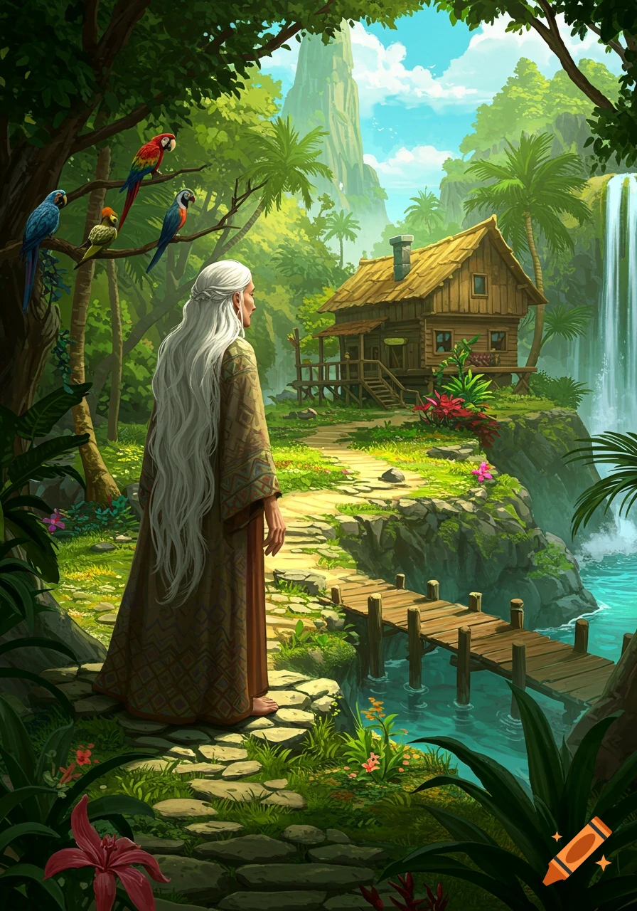 A woman with long white hair stands on a stone path, looking towards a wooden hut and waterfall on a tropical island with colorful parrots in a tree.