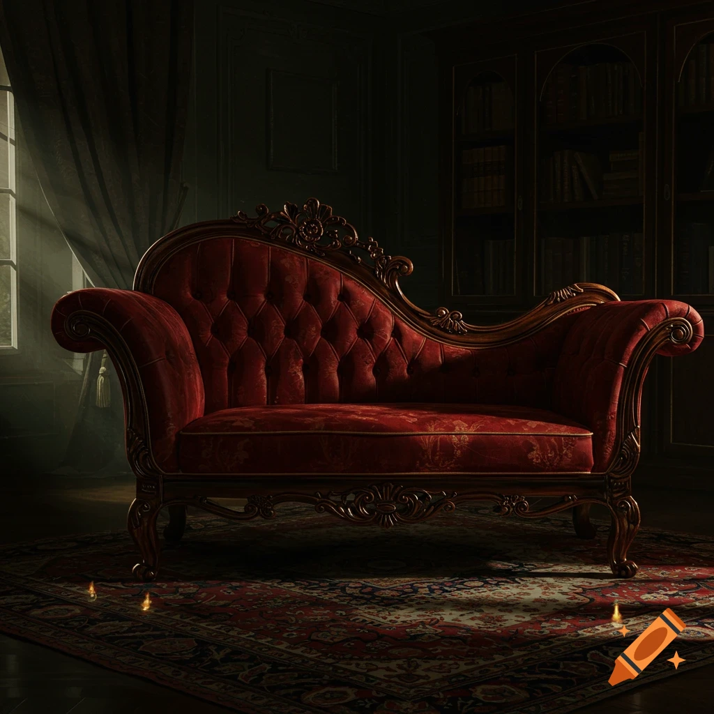 A luxurious red velvet chaise lounge sits on an ornate rug in a dimly lit, classical room with bookshelves and a window.