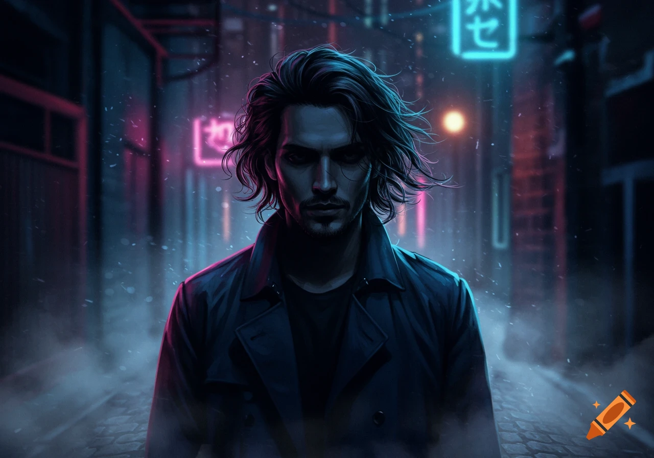 A man with long dark hair and a trench coat stands in a dark, neon-lit cyberpunk alley during snowy weather.