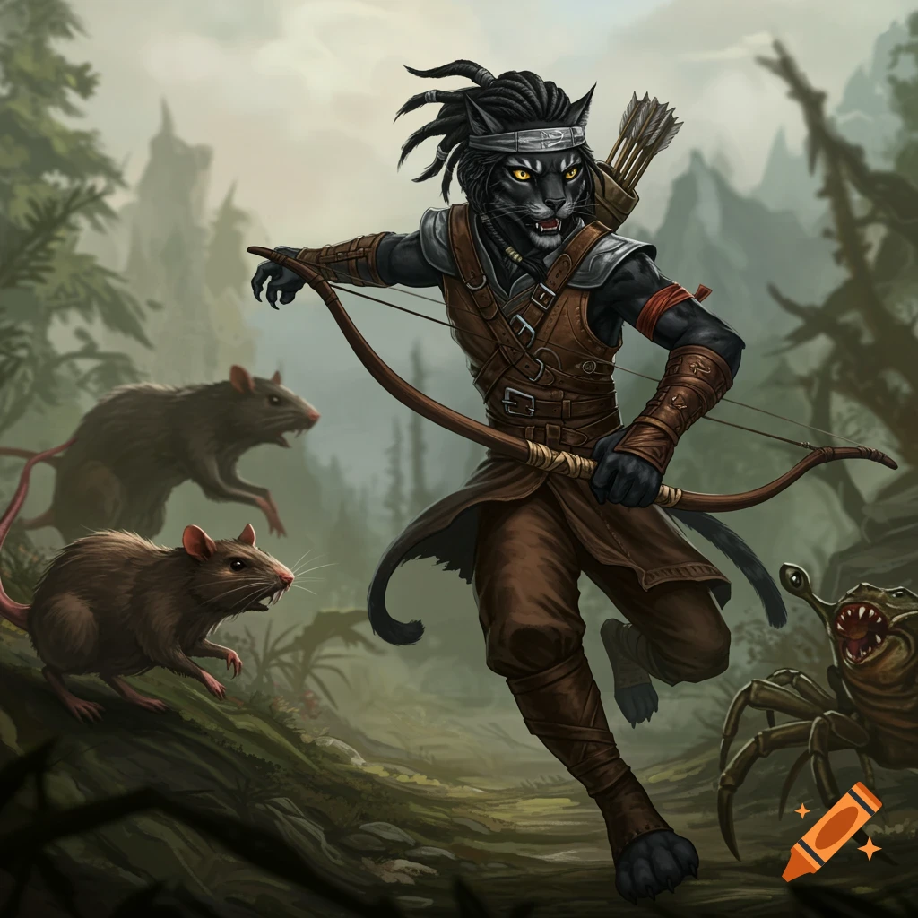 A black Khajiit archer with dreadlocks runs through a forest, pursued by two rats and a mudcrab. Cartoon-style, photorealistic.