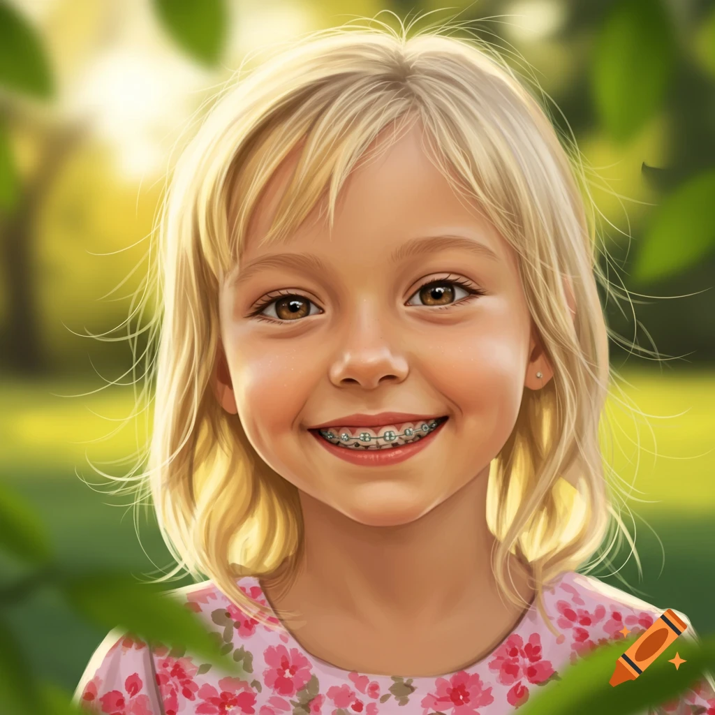 A close-up portrait of a cute blonde girl with brown eyes and braces, smiling brightly outdoors with a blurry green and yellow background.