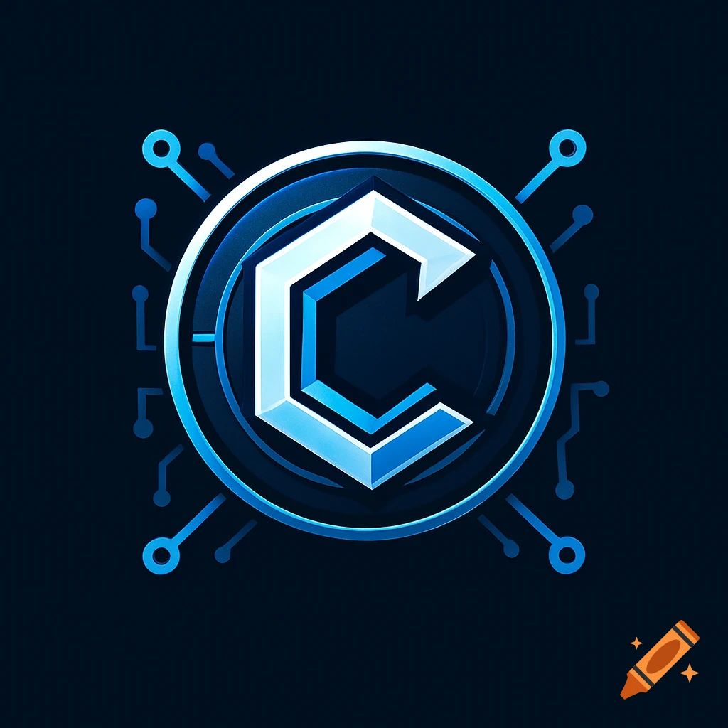 A stylized, metallic blue and silver letter C logo, centered within a circular frame with blue circuit board lines extending outwards on a dark background.