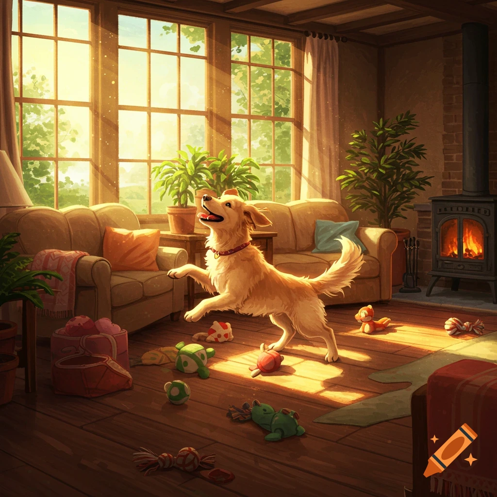 A golden retriever dog happily jumps among scattered toys in a sunny, warm living room with large windows and a fireplace.