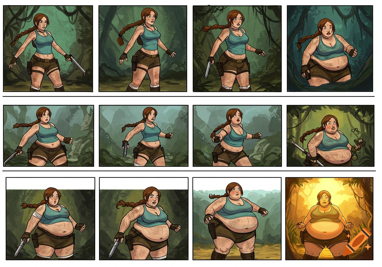 Comic strip showing Lara Croft gaining weight over several panels, from slender to very heavy.