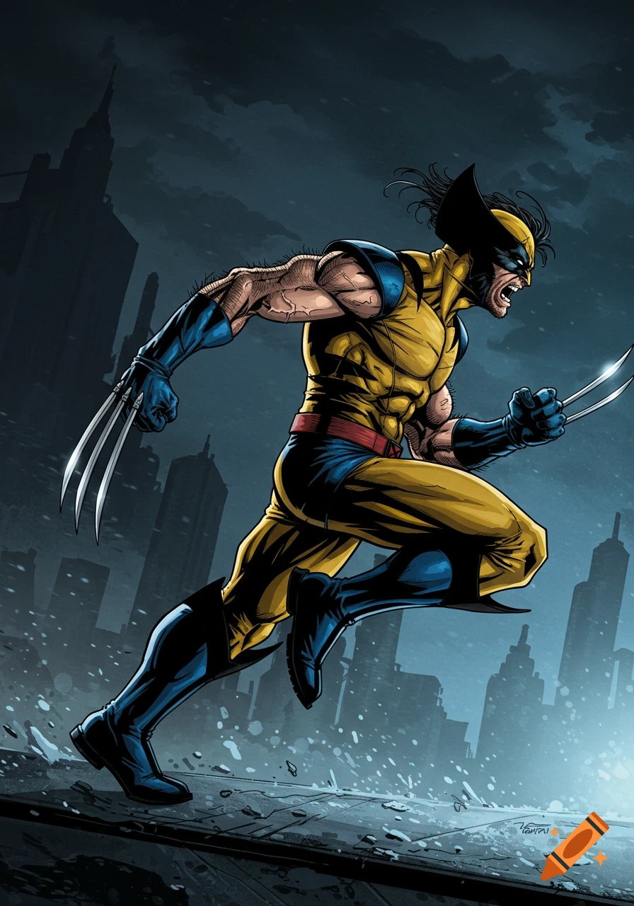 Wolverine from X-Men running left with claws drawn, against a dark city background in comic book style.