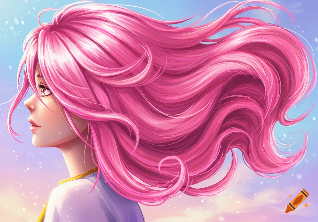 Anime illustration of a girl with long, flowing bright pink hair in profile against a pastel sky.