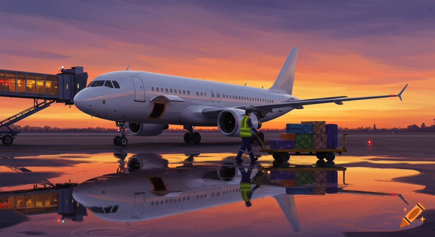 A large passenger airplane parked on a wet tarmac at sunset, with an airport worker pulling a cart of luggage.