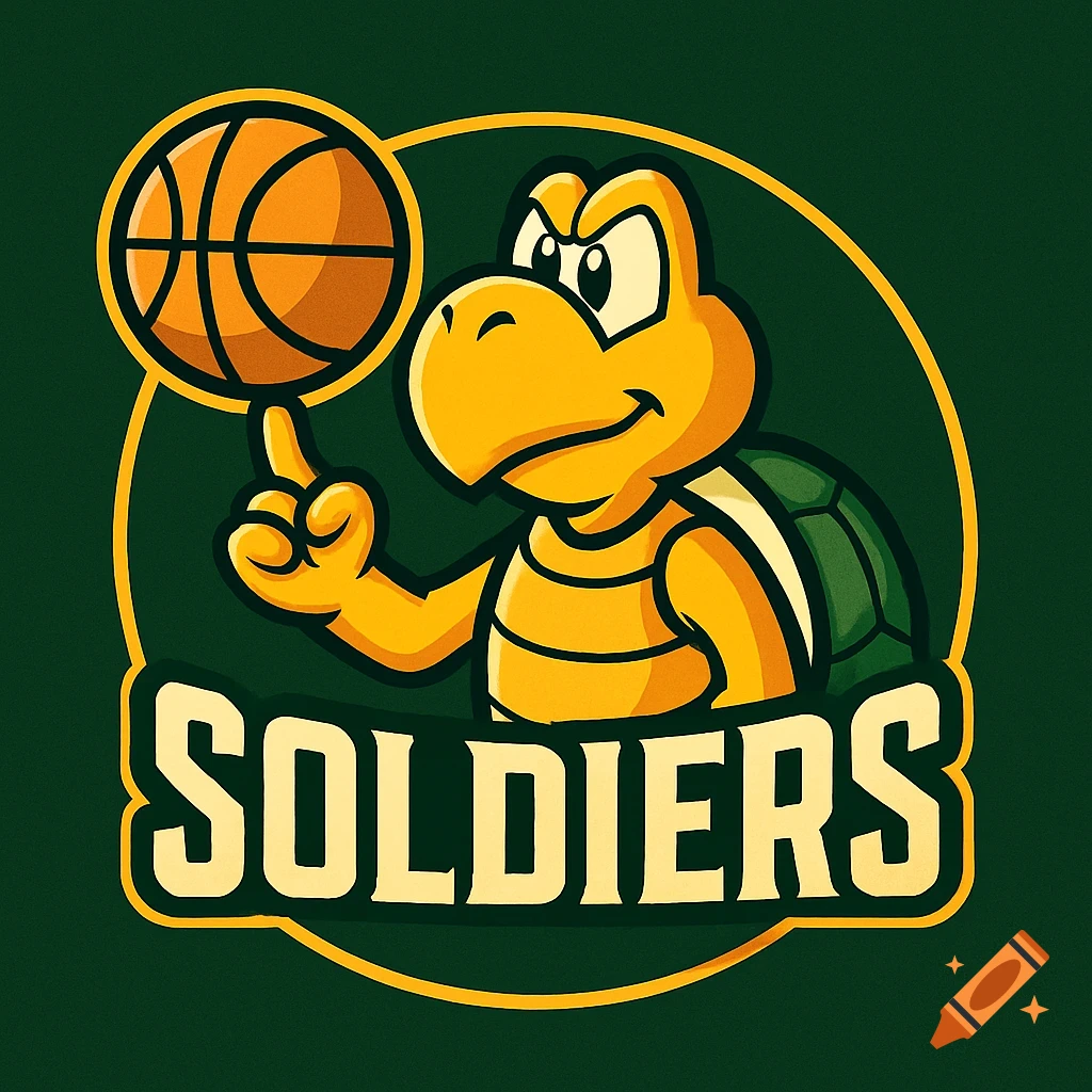 A cartoon logo of a yellow Koopa Troopa turtle spinning a basketball on its finger, with the word 'SOLDIERS' below it.